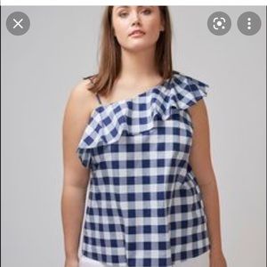 NWT LANE BRYANT BLUE GINGHAM RUFFLE ONE SHOULDER TOP SZ 24